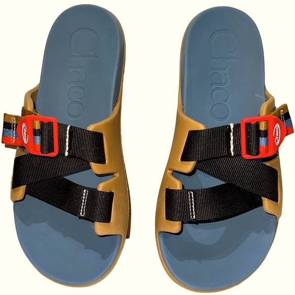 Chaco Shoes - Chaco - Chillos Slides, Blue and tan Tab Slides Sandals, women’s Size 8